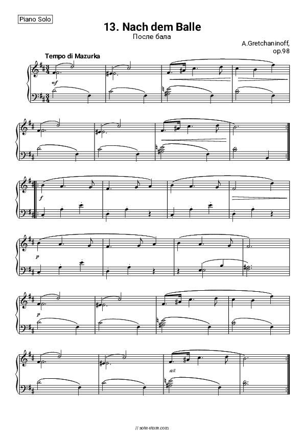 Op. 98, №13 Mazurka - Alexander Gretchaninov Piano Sheet Music - Piano.Solo