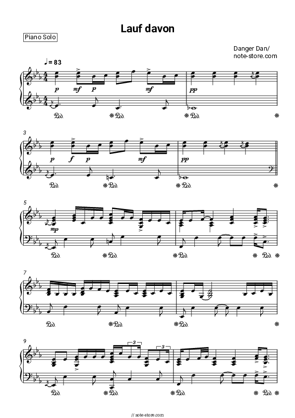 Lauf davon - Danger Dan Piano Sheet Music - Piano.Solo
