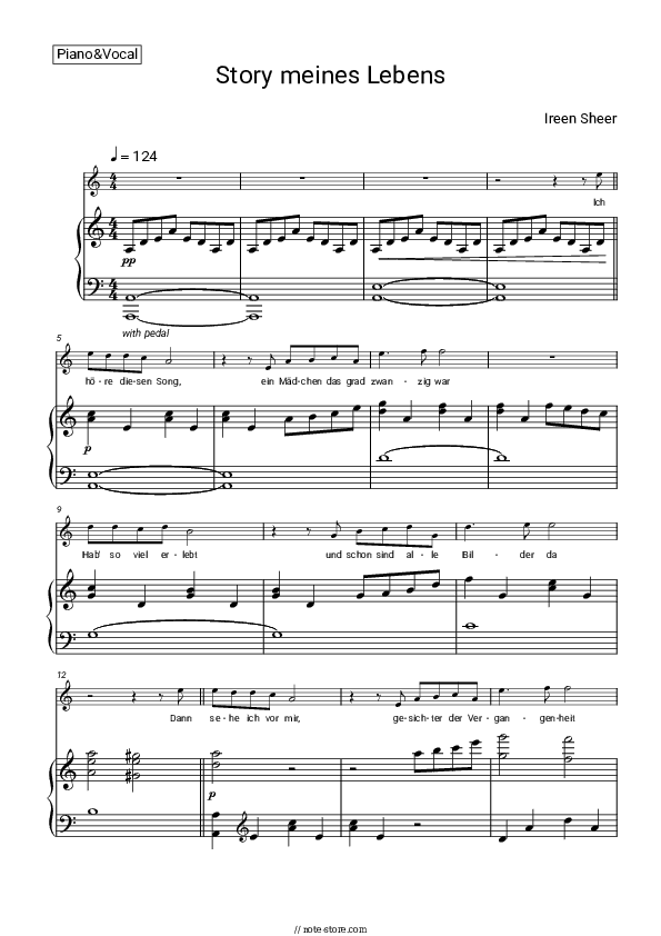 Story meines Lebens - Ireen Sheer Piano Sheet Music with the Voice part - Piano&Vocal