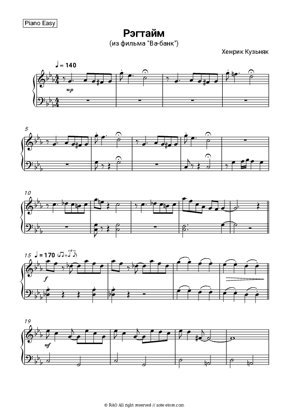 Ragtime (OST Vabank) - Henryk Kuzniak Piano Sheet Music Easy - Piano.Easy