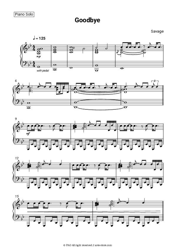 Goodbye - Savage Piano Sheet Music - Piano.Solo