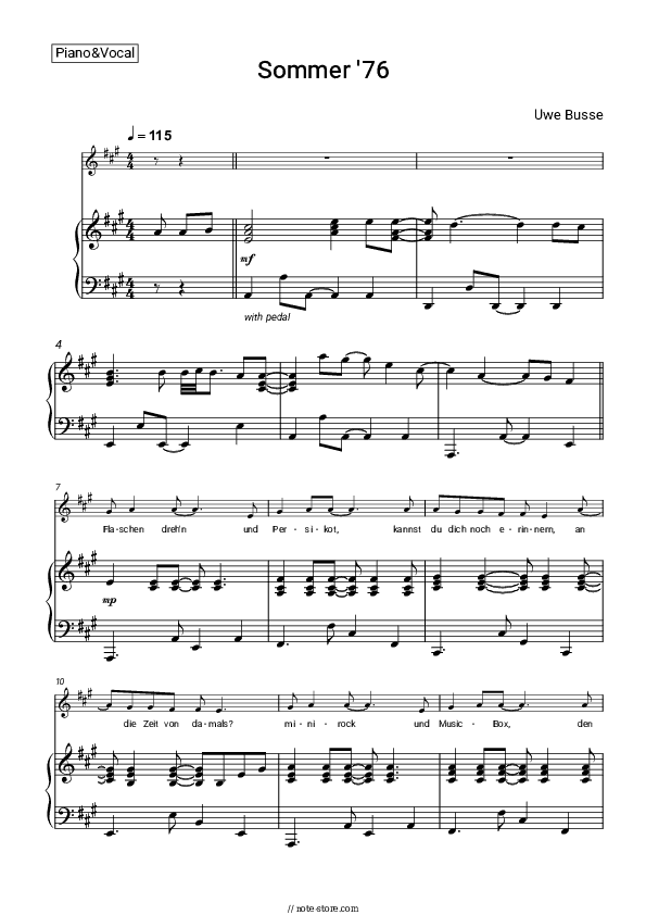 Sommer '76 - Uwe Busse Piano Sheet Music with the Voice part - Piano&Vocal