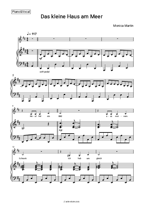 Das kleine Haus am Meer - Monica Martin Piano Sheet Music with the Voice part - Piano&Vocal