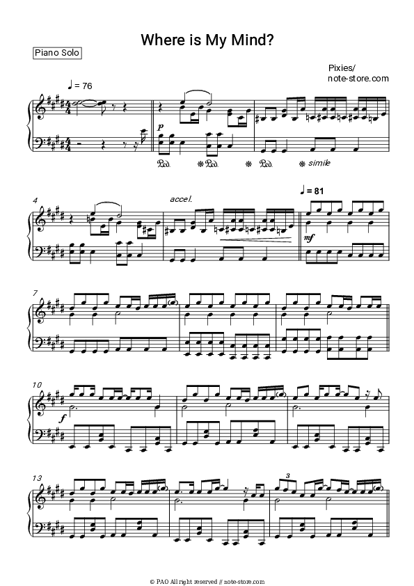 Where Is My Mind? (from 'Fight Club') - Pixies Piano Sheet Music - Piano.Solo