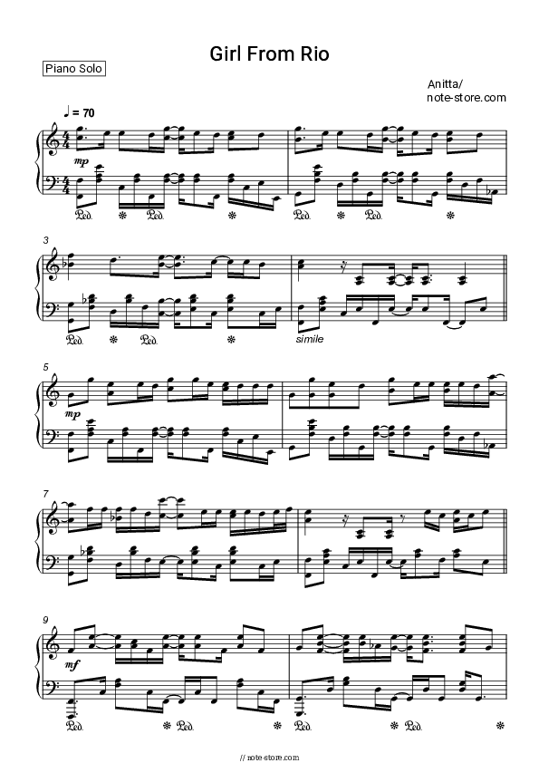 Girl From Rio - Anitta Piano Sheet Music - Piano.Solo