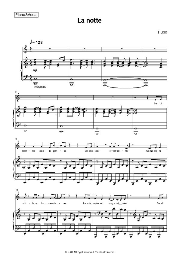 La notte - Pupo Piano Sheet Music with the Voice part - Piano&Vocal