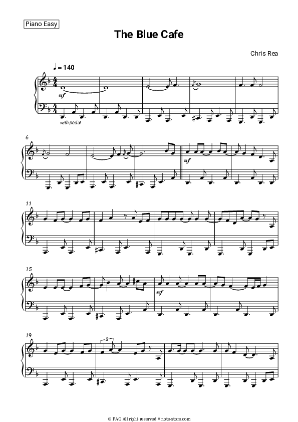 The Blue Cafe - Chris Rea Piano Sheet Music Easy - Piano.Easy