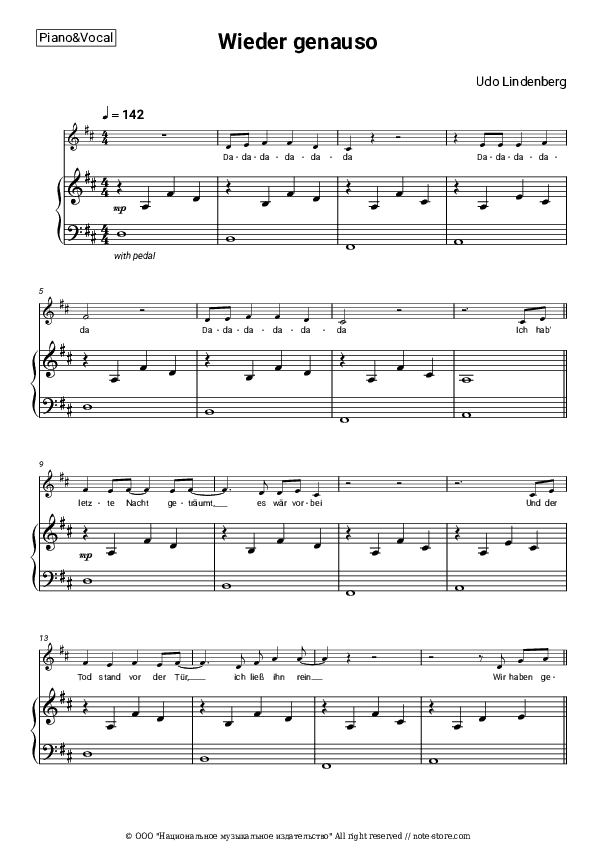 Wieder genauso - Udo Lindenberg Piano Sheet Music with the Voice part - Piano&Vocal