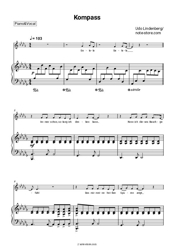 Kompass - Udo Lindenberg Piano Sheet Music with the Voice part - Piano&Vocal