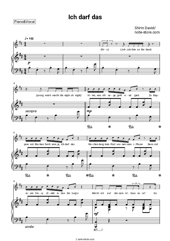 Ich darf das - Shirin David Piano Sheet Music with the Voice part - Piano&Vocal