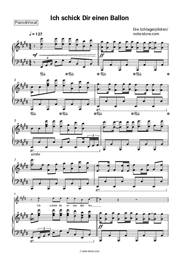 Ich schick Dir einen Ballon - Die Schlagerpiloten Piano Sheet Music with the Voice part - Piano&Vocal