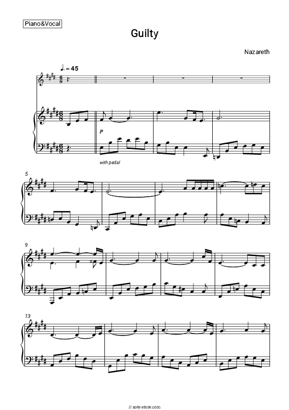 Guilty - Nazareth Piano Sheet Music with the Voice part - Piano&Vocal