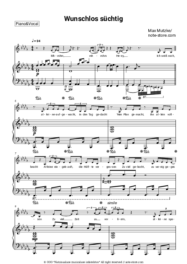 Wunschlos suchtig - Max Mutzke Piano Sheet Music with the Voice part - Piano&Vocal