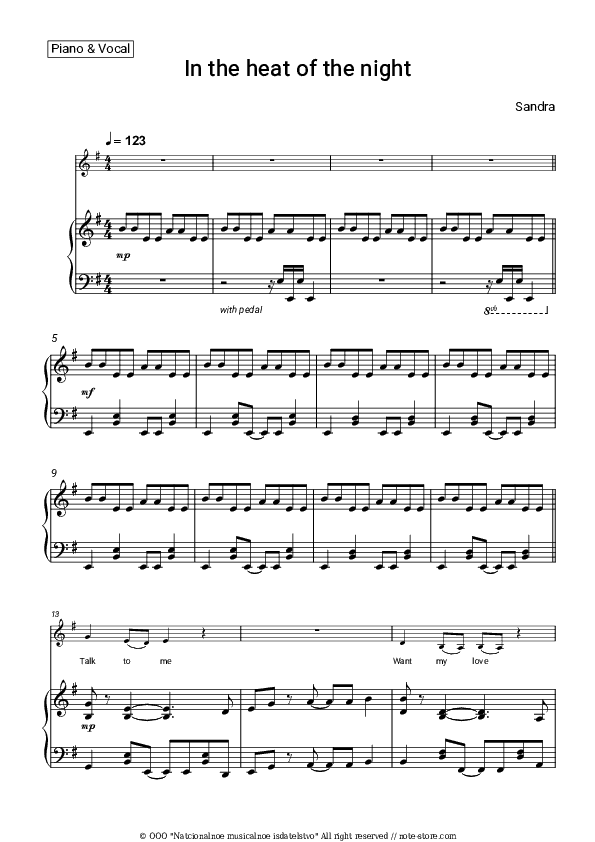 In the heat of the night - Sandra Piano Sheet Music with the Voice part - Piano&Vocal