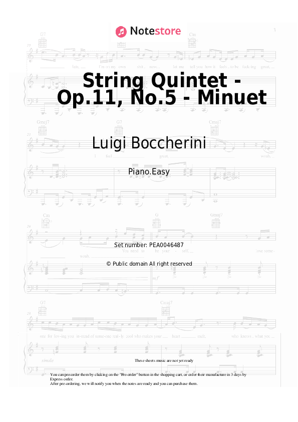 String Quintet - Op.11, No.5 - Minuet - Luigi Boccherini Piano Sheet Music Easy - Piano.Easy