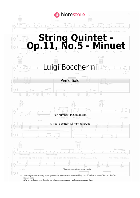 String Quintet - Op.11, No.5 - Minuet - Luigi Boccherini Piano Sheet Music - Piano.Solo