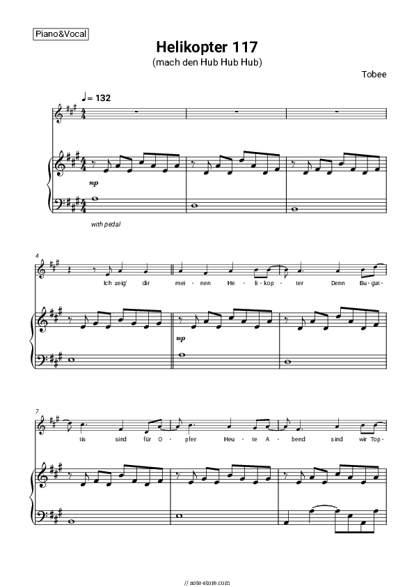 Helikopter 117 (mach den Hub Hub Hub) - Tobee Piano Sheet Music with the Voice part - Piano&Vocal