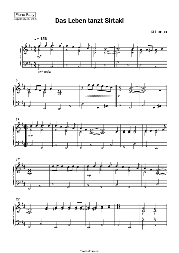 Das Leben tanzt Sirtaki - Klubbb3 Piano Sheet Music Easy - Piano.Easy