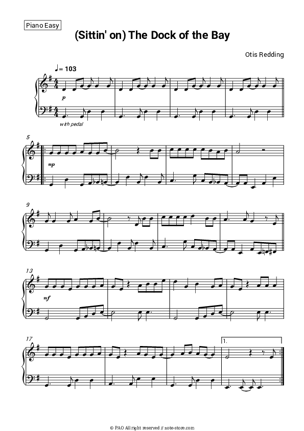 (Sittin’ on) The Dock of the Bay - Otis Redding Piano Sheet Music Easy - Piano.Easy