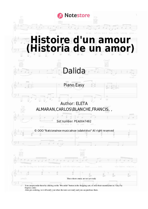 Histoire d'un amour (Historia de un amor) - Dalida Piano Sheet Music Easy - Piano.Easy