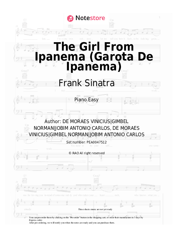 The Girl From Ipanema (Garota De Ipanema) - Frank Sinatra, Antonio Carlos Jobim Piano Sheet Music Easy - Piano.Easy