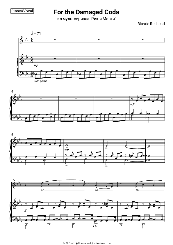 For the Damaged Coda (from 'Rick and Morty') - Blonde Redhead Piano Sheet Music with the Voice part - Piano&Vocal