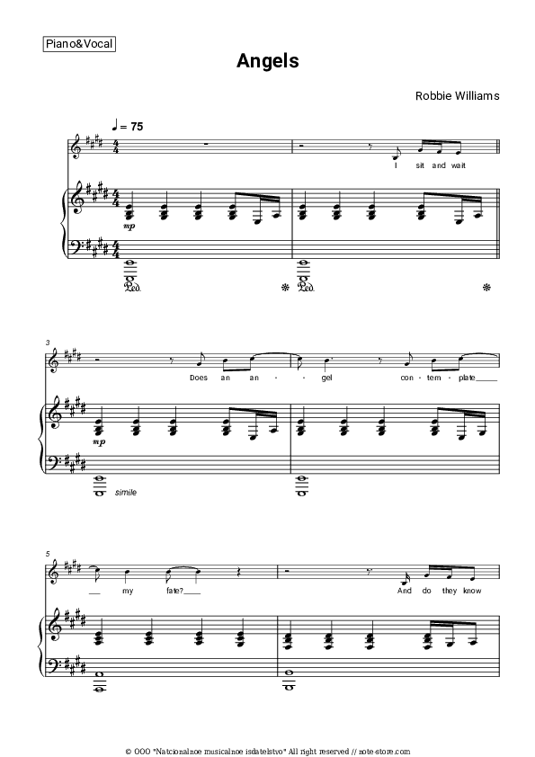 Angels - Robbie Williams Piano Sheet Music with the Voice part - Piano&Vocal