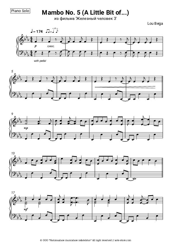 Mambo No. 5 (A Little Bit of...) from 'Iron Man Three' - Lou Bega Piano Sheet Music - Piano.Solo