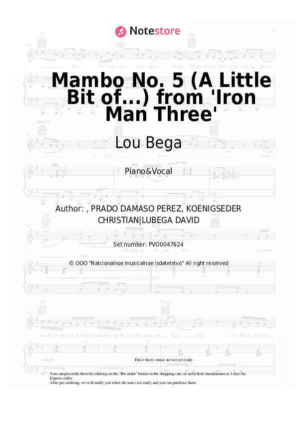Mambo No. 5 (A Little Bit of...) from 'Iron Man Three' - Lou Bega Piano Sheet Music with the Voice part - Piano&Vocal