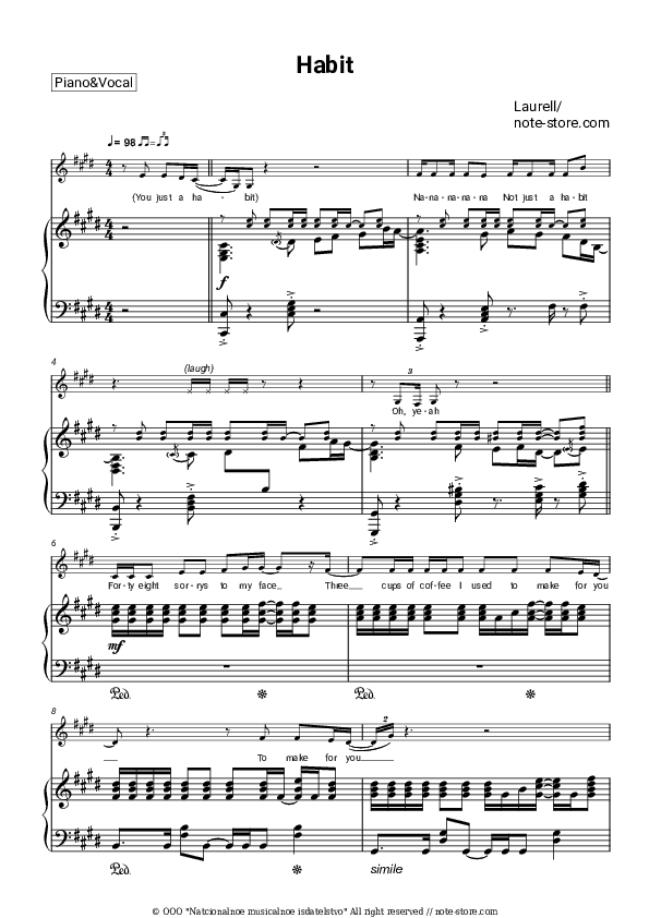 Habit - Laurell Piano Sheet Music with the Voice part - Piano&Vocal