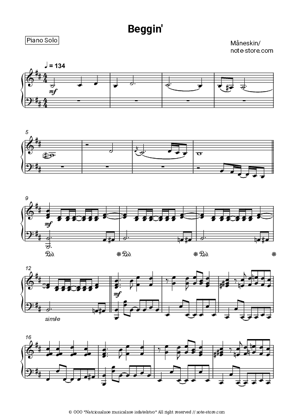 Beggin - MÄneskin Piano Sheet Music - Piano.Solo
