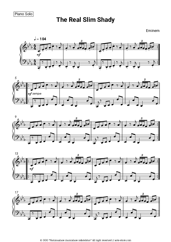 The Real Slim Shady - Eminem Piano Sheet Music - Piano.Solo