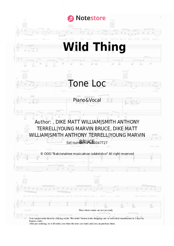 Wild Thing - Tone Loc Piano Sheet Music with the Voice part - Piano&Vocal