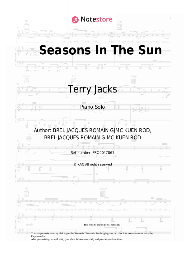 Seasons In The Sun - Terry Jacks Piano Sheet Music - Piano.Solo