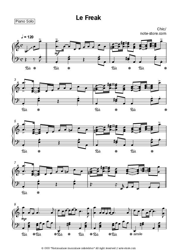 Le Freak - Chic Piano Sheet Music - Piano.Solo