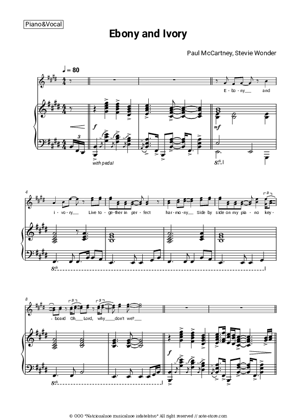 Ebony and Ivory - Paul McCartney, Stevie Wonder Piano Sheet Music with the Voice part - Piano&Vocal