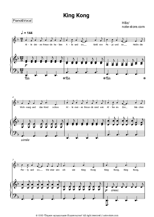 King Kong - HBz Piano Sheet Music with the Voice part - Piano&Vocal