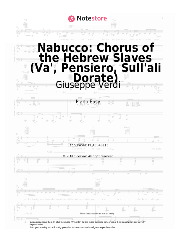 Nabucco: Chorus of the Hebrew Slaves (Va', Pensiero, Sull'ali Dorate) - Giuseppe Verdi Piano Sheet Music Easy - Piano.Easy