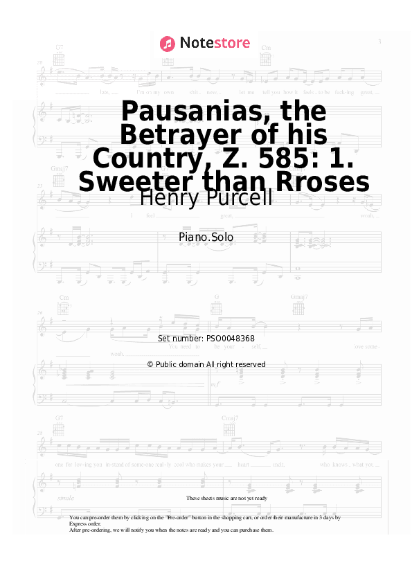 Pausanias, the Betrayer of his Country, Z. 585: 1. Sweeter than Rroses - Henry Purcell Piano Sheet Music - Piano.Solo