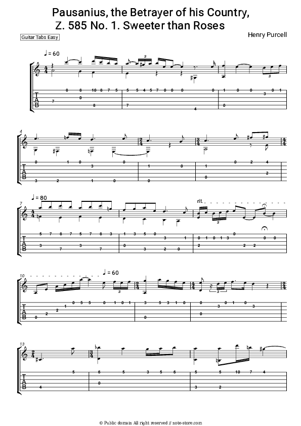 Pausanias, the Betrayer of his Country, Z. 585: 1. Sweeter than Rroses - Henry Purcell Tabs Easy - Guitar.Tab.Easy