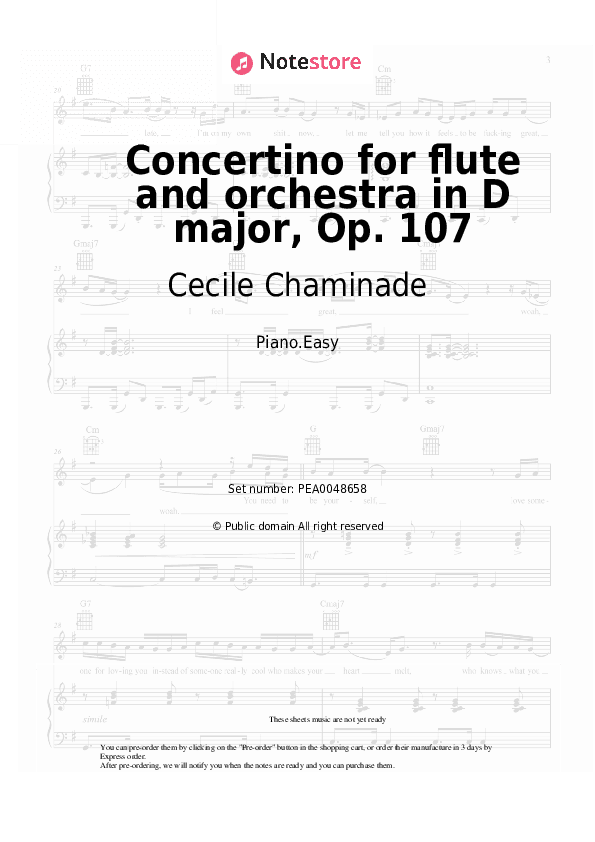 Concertino for flute and orchestra in D major, Op. 107 - Cecile Chaminade Piano Sheet Music Easy - Piano.Easy