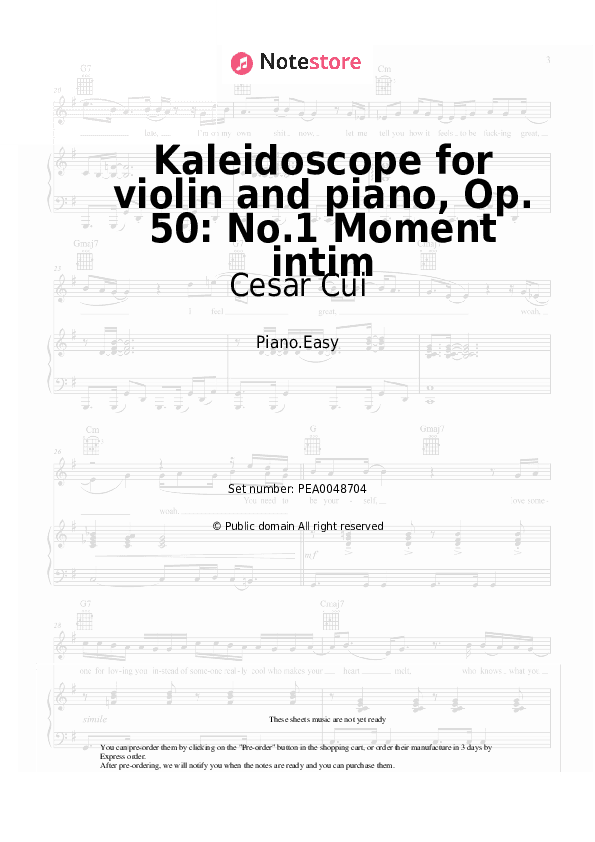 Kaleidoscope for violin and piano, Op. 50: No.1 Moment intim - Cesar Cui Piano Sheet Music Easy - Piano.Easy