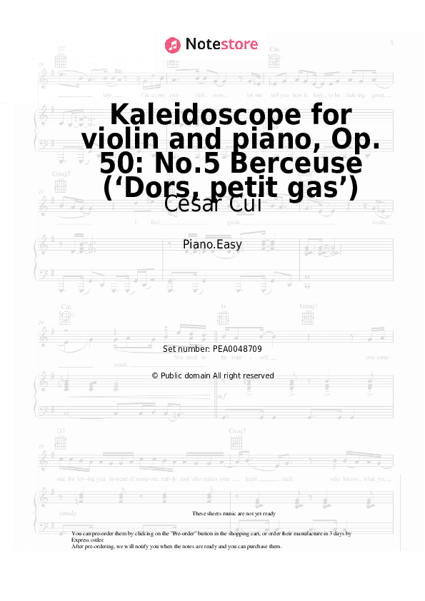 Kaleidoscope for violin and piano, Op. 50: No.5 Berceuse (‘Dors, petit gas’) - Cesar Cui Piano Sheet Music Easy - Piano.Easy