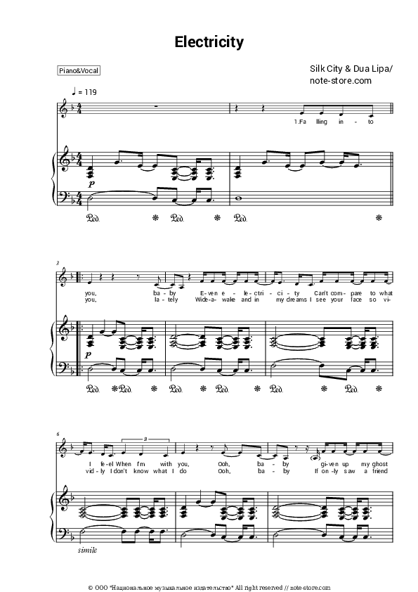 Electricity - Dua Lipa, Silk City Piano Sheet Music with the Voice part - Piano&Vocal