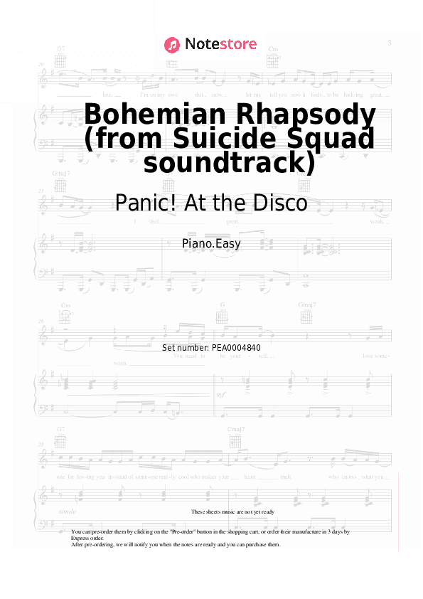 Bohemian Rhapsody (from Suicide Squad soundtrack) - Panic! At the Disco Piano Sheet Music Easy - Piano.Easy