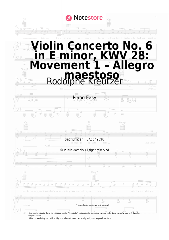 Violin Concerto No. 6 in E minor, KWV 28: Movement 1 – Allegro maestoso - Rodolphe Kreutzer Piano Sheet Music Easy - Piano.Easy