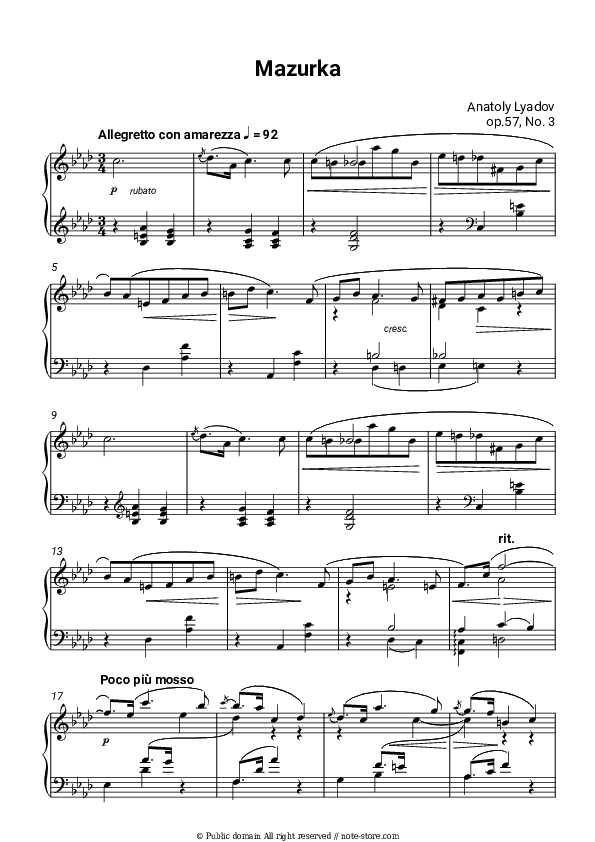 3 Morceaux, Op. 57: No. 3, Mazurka. Allegretto con amorezza - Anatoly Lyadov Piano Sheet Music - Piano.Solo