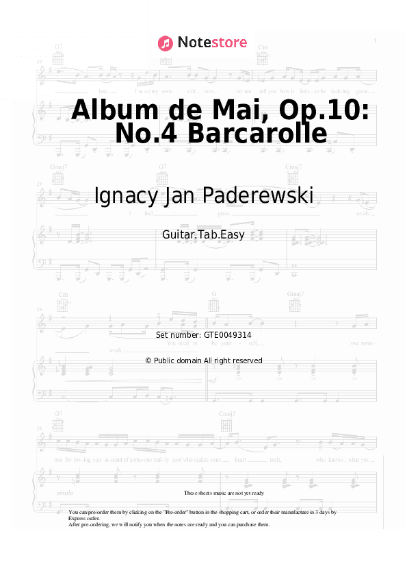 Album de Mai, Op.10: No.4 Barcarolle - Ignacy Jan Paderewski Tabs Easy - Guitar.Tab.Easy