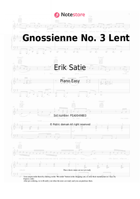 Gnossienne No.3 Lent - Erik Satie Piano Sheet Music Easy - Piano.Easy