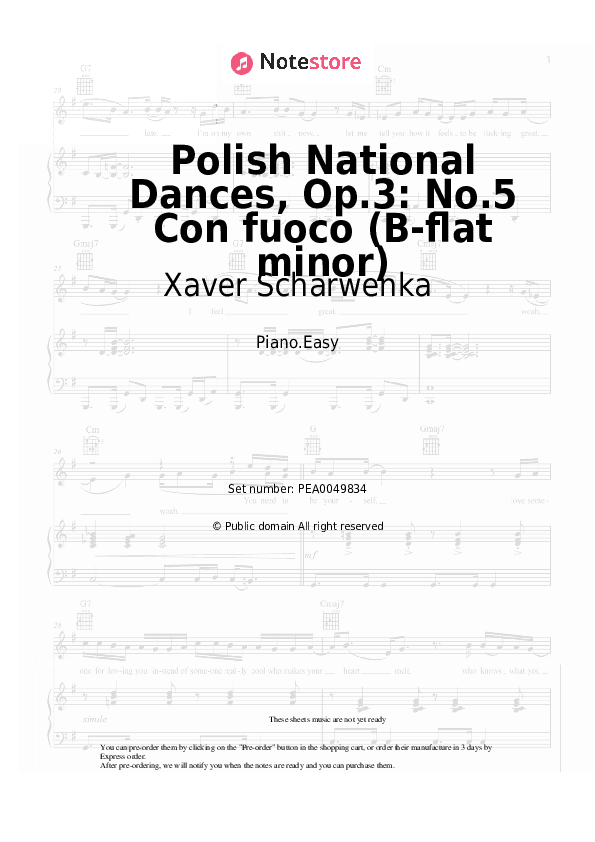 Polish National Dances, Op.3: No.5 Con fuoco (B-flat minor) - Xaver Scharwenka Piano Sheet Music Easy - Piano.Easy